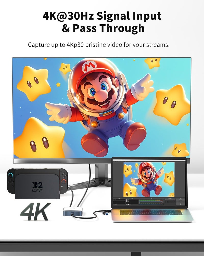 VANGREE Capture Card for Nintendo Switch, 4K Audio Video Capture Card, USB C 3.0 1080P 60FPS HDMI Recorder for Gaming/Live Streaming/Video Conference, Works for Nintendo Switch 2/PS5/Xbox/OBS/Camera/PC - Image 2